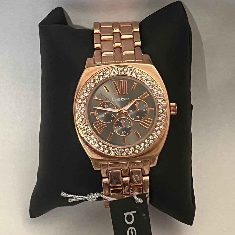 Bebe Logo Rose Gold Stainless Steel Watch With Rhinestones